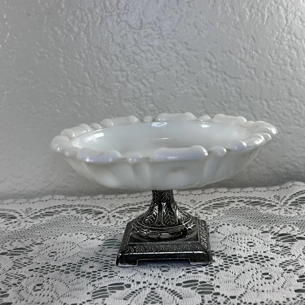 Vintage pedestal dish white glass metal footed soap trinket tray
